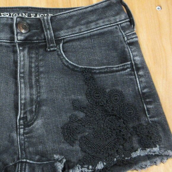 AMERICAN EAGLE Hi-Rise Shortie Womens Size 0 Black Lace Ripped Denim Jean Shorts - Picture 4 of 14